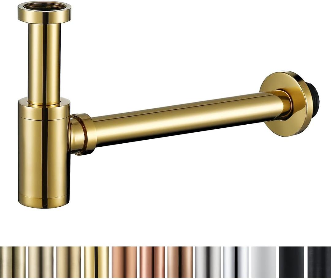 RANDOM Titanium Gold Polished Brass Contemporary Round Bottle P Trap 1 1/4,Basin Sink Waste Drain P Trap Kit.