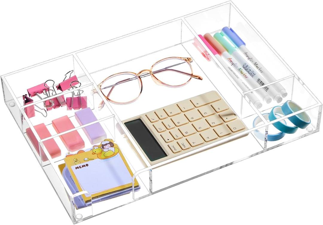 Acrylic Drawer Organizer Clear Desk Drawer Organizer Trays with Adjustable Compartments Desk Accessories for Office Stationery Makeup Silverware Bathroom(Adjustable)