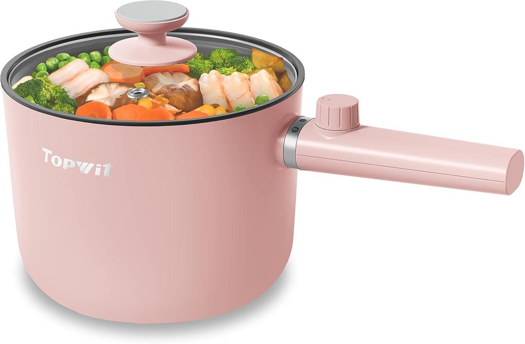 Topwit Hot Pot Electric, 1.5L Ramen Cooker, Portable Non-Stick Frying Pan, Electric Pot for Pasta, Steak, BPA Free, Electric Cooker with Dual Power Control, Over-Heating & Boil Dry Protection, Pink (1.6 Quarts)