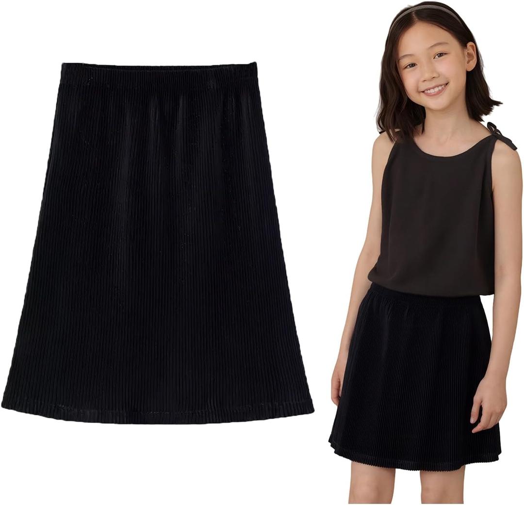 Girls Knee Length Pleated A-Line Skirt with Pull On Elastic Waist for Kids Rainbow Black Midi Skirt 3-12 Y (Black)