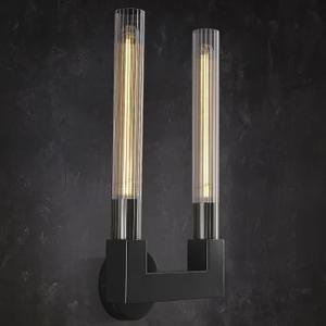 Modern Black Wall Sconce,19inch Striped Glass Tube Sconces Wall Lighting,Pure Copper Hardwired Wall Sconces, 2-Light with Bathroom Vanity Light Fixture for Bedroom,Living Room,Dining Room