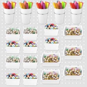 20 Pcs Pegboard Bins and Cups with Hooks and Loops, Peg Board Hooks Assortment Organizer, Pegboard Storage Arrangement Bin Kit, Peg Board Cup Holder for Garage Workshop Workbench, White