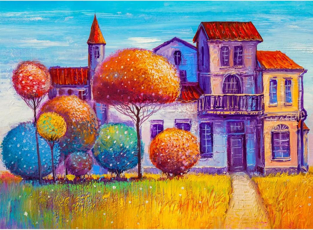 MISITU 1000 Pieces Jigsaw Puzzles for Adults Oil Painting Jigsaw Puzzles 1000-Pieces Puzzles Impossible Hard Difficult Challenging Puzzles for Teen Colourful Tree of Houses Puzzle 28 x 20 inch