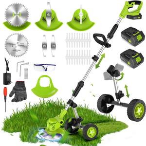 20000 RPM Electric Weed Wacker Cordless, 4-in-1 Weed Eater Cordless with Battery Powered, Lawn Mower/Grass Trimmer/Lawn Edger with 3 Types Blades, Battery Weed Wacker with Wheels (2 Battery, Green) (Yellow)