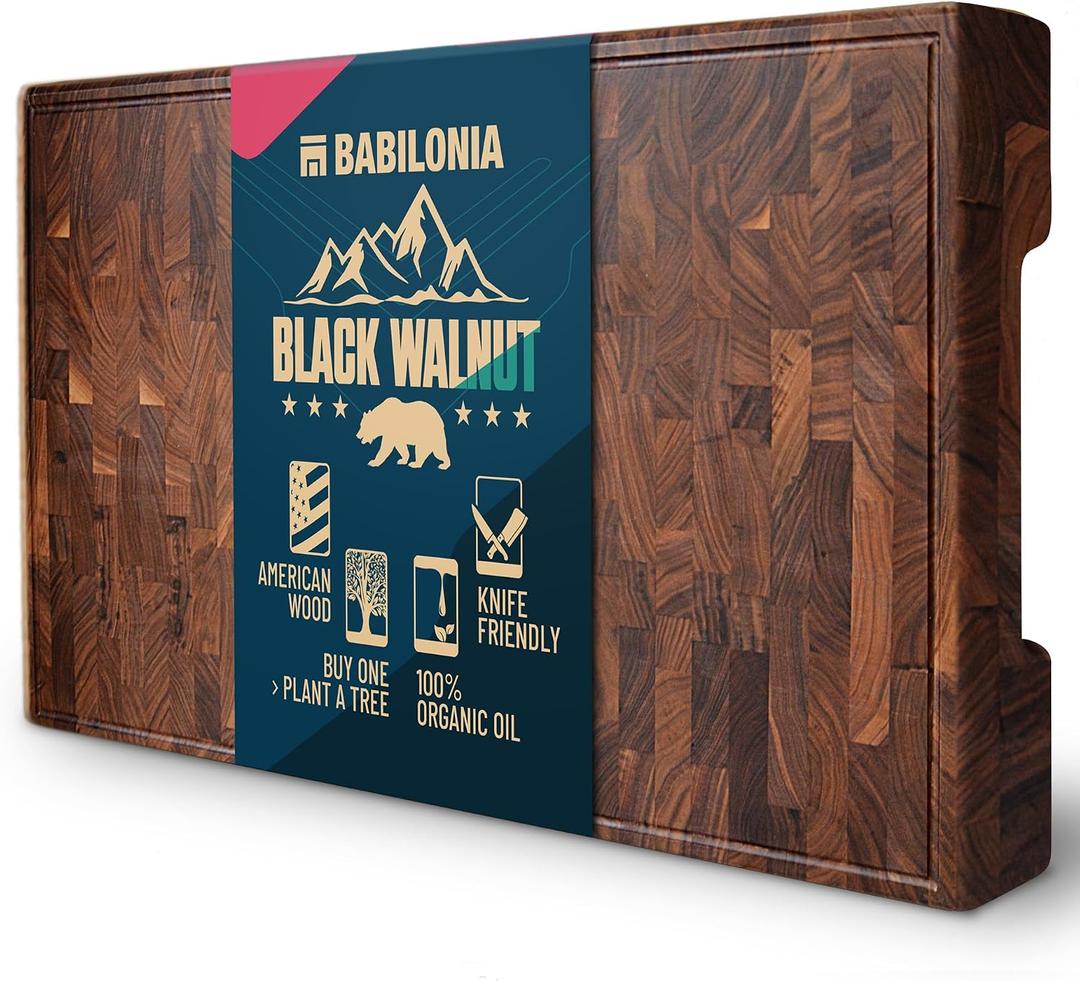 Extra Large Black Walnut End Grain Cutting Board 24 x 15 x 1.7 Inch, Butcher Block with Juice Groove & Handles, Reversible Charcuterie & Chopping Board, Non Toxic Wooden Board with Oil & Plate