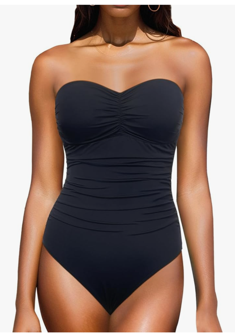 Yonique Womens Strapless One Piece Swimsuit Tummy Control Bandeau Bathing Suits Slimming Twist Front Swimwear, Black