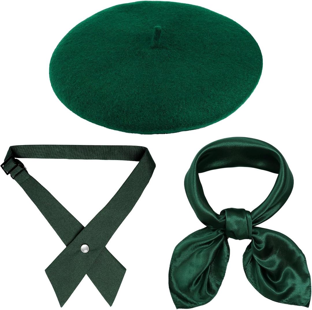 3Pcs Halloween Scout Costume Set Include Blackish Green Beret Scarf and Bowtie for Women Party Dress Up