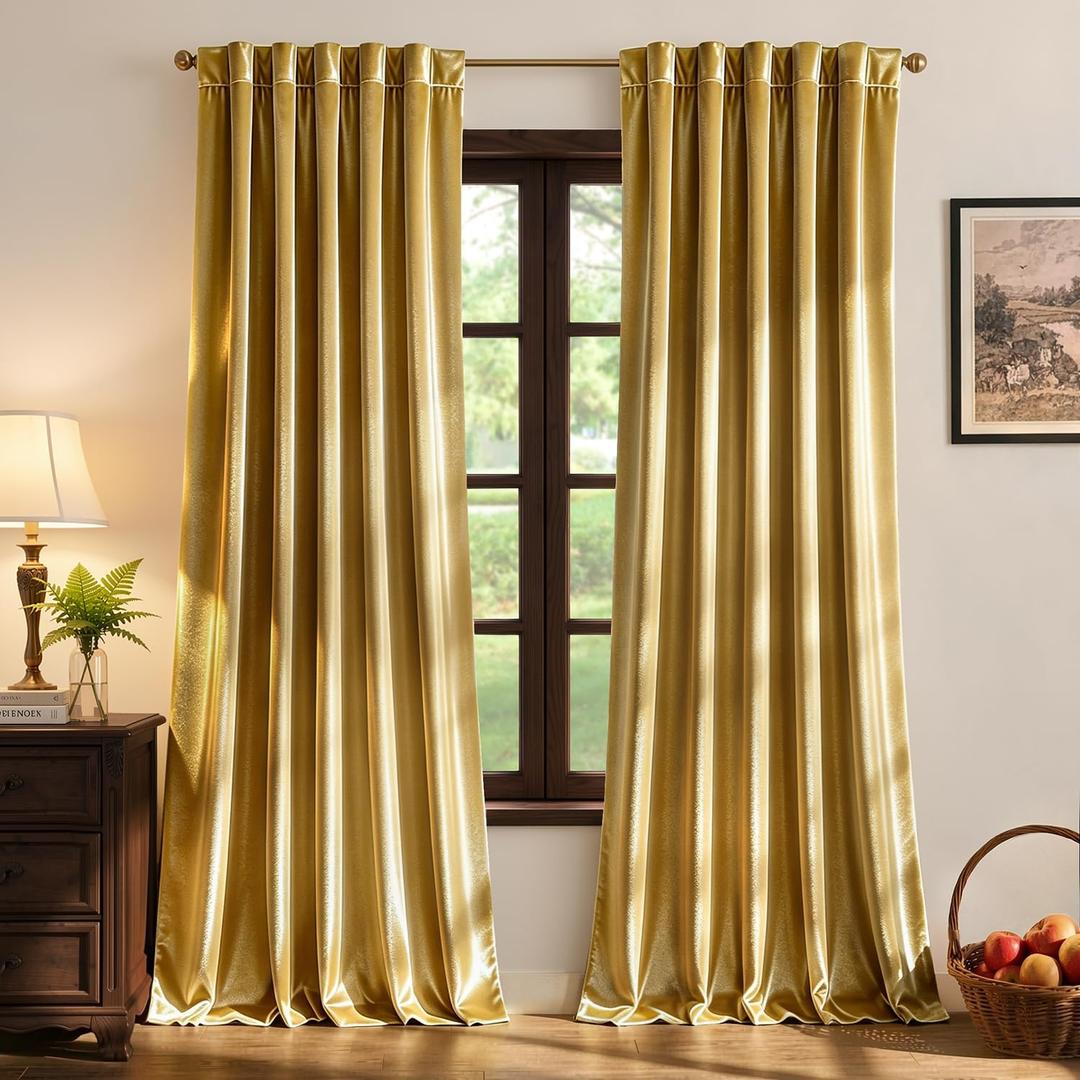 MIULEE Velvet Curtains 90 inches - Luxury Blackout Curtains for Bedroom Living Room Thermal Insulated Super Soft Window Drapes Rod Pocket & Back Tab, Golden, W52 x L90 inches, 2 Panels