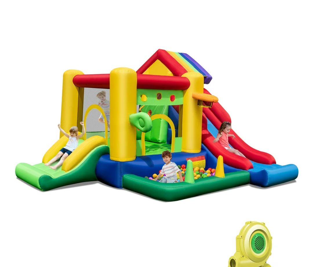 Colorful Rainbow Kids Inflatable Bounce Castle with 50 Ocean Balls & 735W Blower