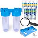 Dual Whole House Water Filter System, Transparent Standard Housings, Presser Relief Valve, 3/4 Inlet/Outlet Brass Port, Yearly supply of Sediment & Carbon Cartridges Meets NSF Standards & Regulations