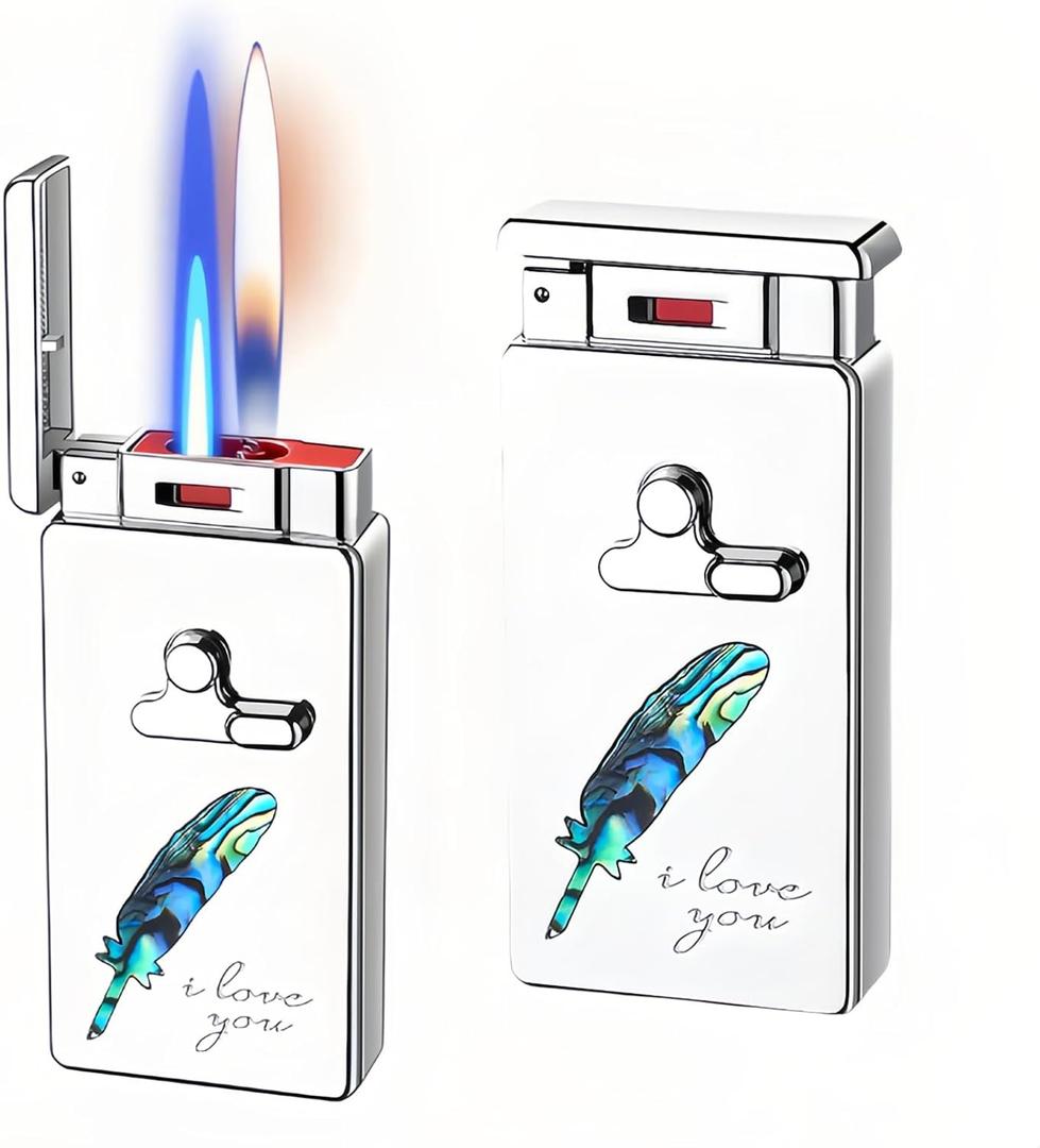 Smart Butane Torch Lighter, 5 Ignition Methods, Voice Controlled Dual Flame Lighter with Jet Blue Flame and Open Flame Options, Windproof Refillable Lighters (Without Gas) (Feather) (Bright Silver)