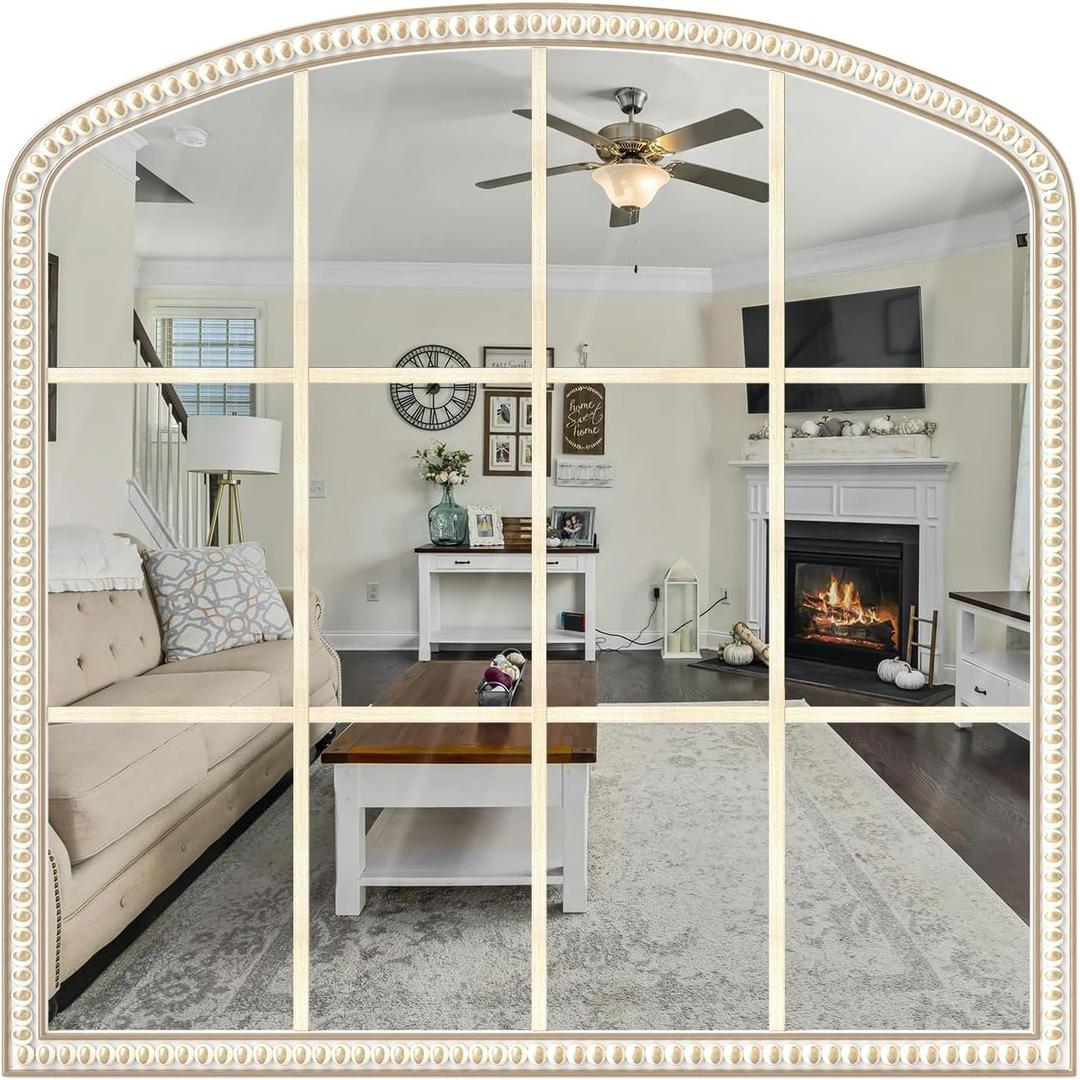 HOITUZYUS 36x36 Inch Wooden Wide Arched Mirrors for Wall with Window Girds, Large Farmhouse Decorative Mirror for Living Room, Entryway, Hallway, Fireplace, Bathroom