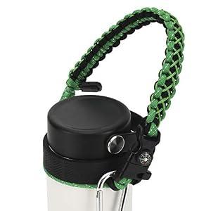 QeeCord Paracord Handle Compatible with Hydro Flask 2.0 Wide Mouth Water Bottle Carrier with New Ring and Carabiner, 12oz, 16oz,18oz, 32oz, 40oz, 64oz (32 oz-40 oz Wide Mouth, Green)