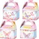 Nezyo 24 Pcs Butterfly Party Favor Treat Boxes, Pink and Purple Butterfly Floral Goodie Gable Candy Box Paper Gift Box for Birthday Party Supplies Baby Shower Wedding