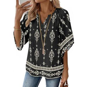 Zeagoo Womens Tops 3/4 Sleeve V Neck Bohemian Blouses Casual Loose Fit Tunic Boho Shirts Floral Printed Clothes (Black, XL)