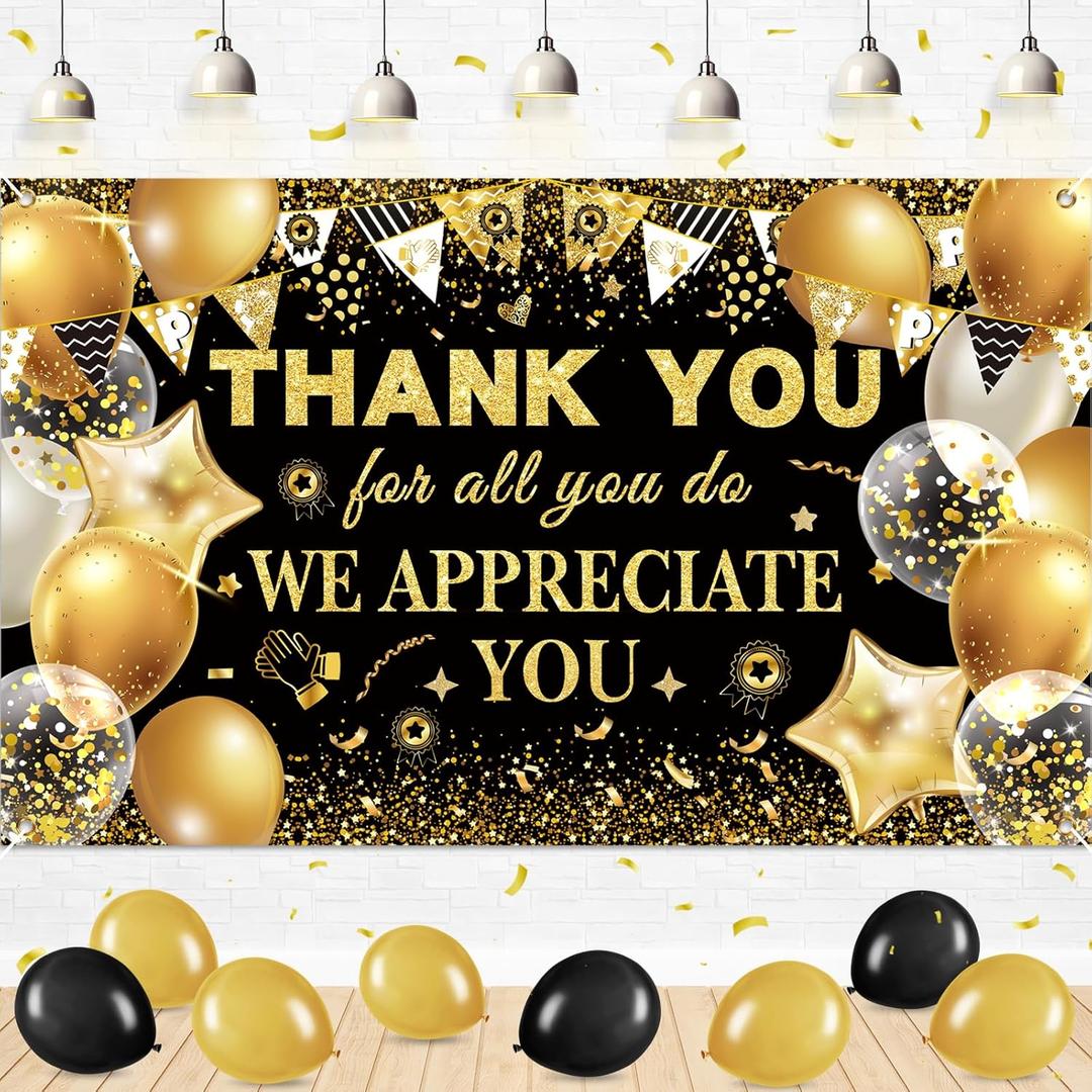 We Appreciate You Thank You Decorations Black & Gold Thank You Banner Backdrop Employee & Staff Appreciation Gifts for Pastor, Teacher, Doctor & Retirement Party Decor
