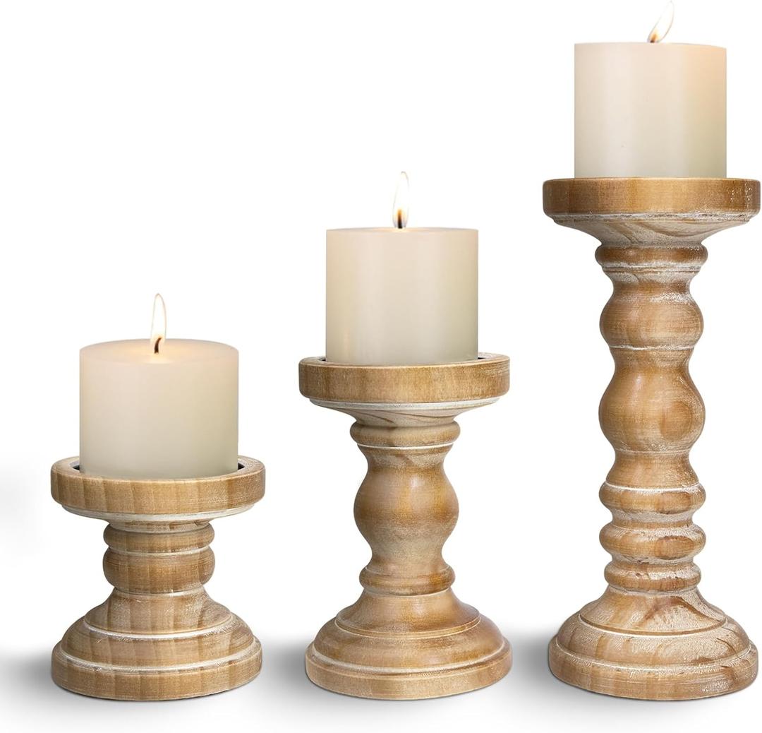 Candle Holder for Pillar Candle Set of 3, Farmhouse Wood Candle Holder, Rustic Wooden Candle Stand, Vintage Tall Candle Stand Decorative for Living Room, Table Centerpiece,Brown (Medium)