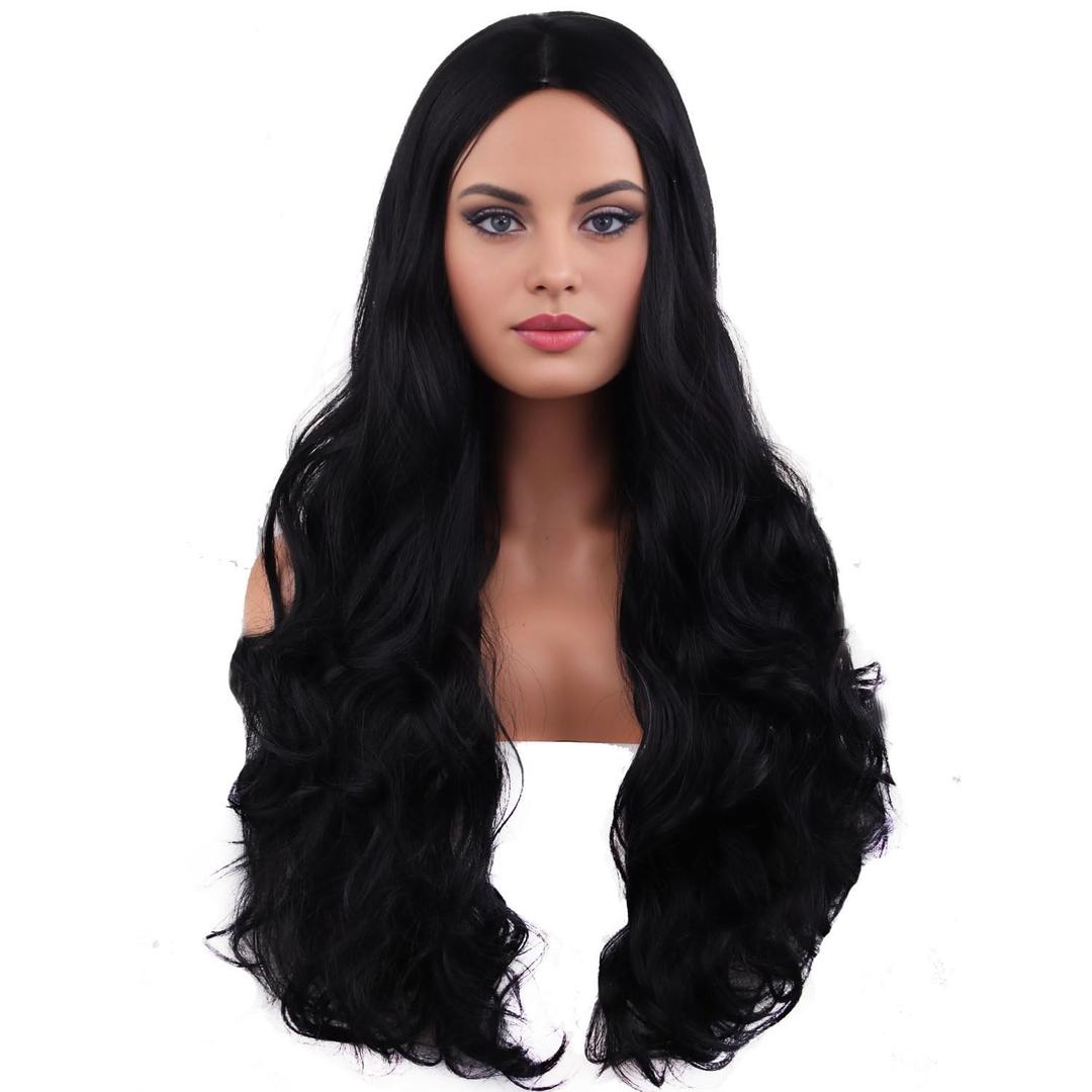 RightOn Black Wig Long Wavy Black Wigs for Women Daily Party Hairnet Include