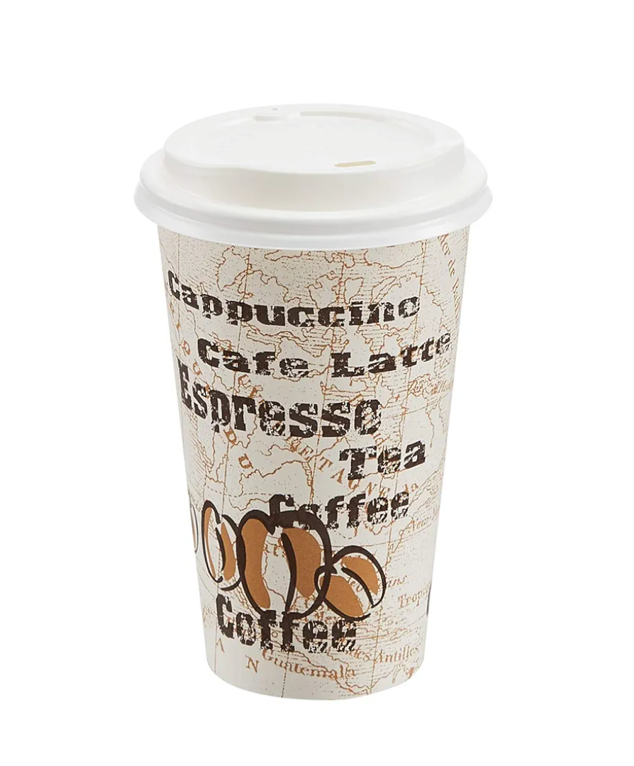 Amazon Basics To Go Hot Paper Coffee Cups with Lids, 16 oz, Café Design,