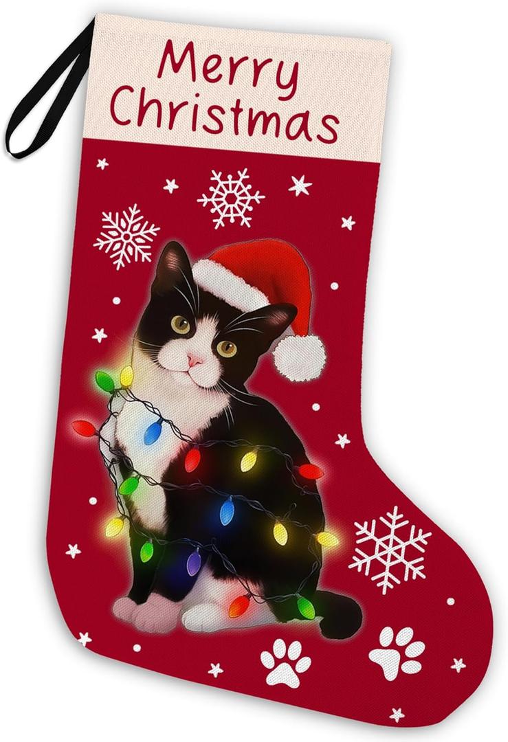 Black Cat Christmas Stocking 18 Inches, Cat Christmas Decor,Cat Stockings Christmas, Cat Lights Xmas Stockings, Hanging Christmas Stockings for Kids, Cat Fireplace Christmas Tree Decorations