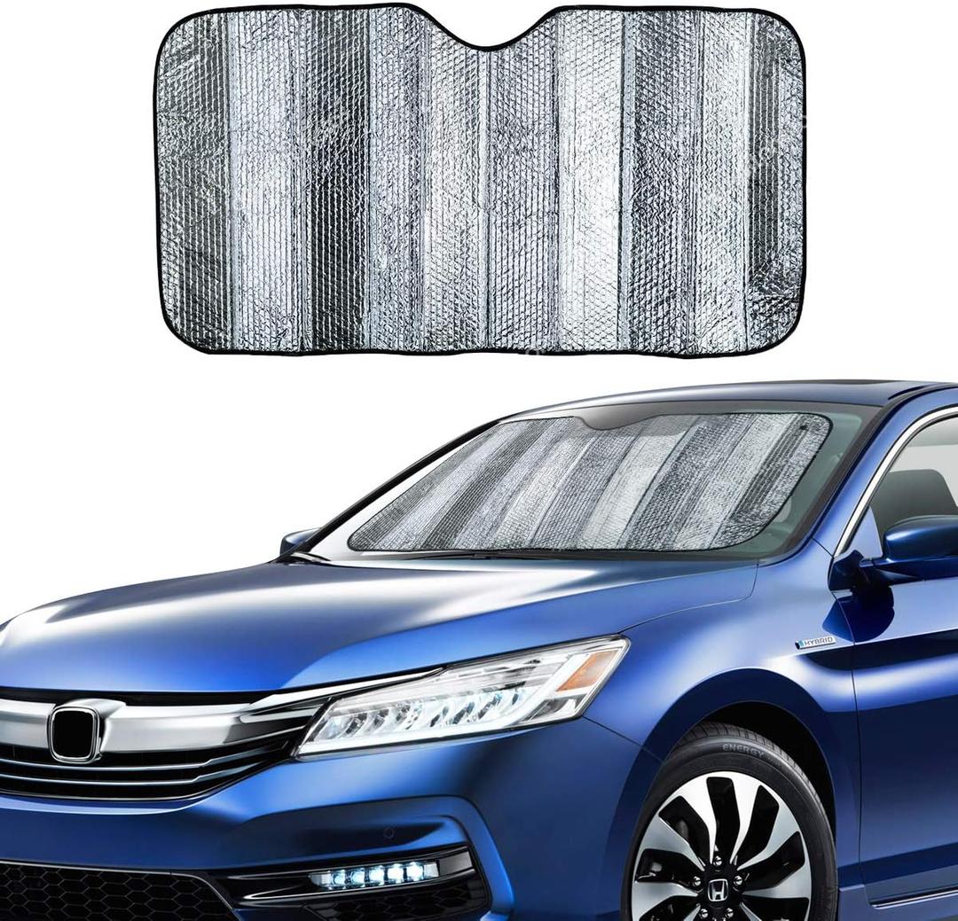 VaygWay Windshield Sun Shade Car- Foldable Window Cover Visor Shield- UV Rays Reflector Auto Accordion Protector- Front Window SUV Heat Blocker- 49” x 23” Metallic Reflective Large Vehicle Sunshade