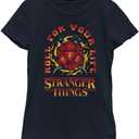 Netflix Stranger Things Fire and Dice Girls Short Sleeve Tee Shirt (Medium, Navy Blue)