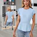 Blooming Jelly Women's Dressy Casual Blouses Business Ruffle Short Sleeve Tops Summer Crew Neck Smocked Shirts (Blue, XL)