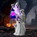 Triple Ghosts Halloween Decorations Outdoor with Solar Lantern,Cute Spooky Halloween Ghost Figurines,Ghost Decor Outside Decor for Yards Porches Gardens Lawn Party