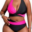 SOLY HUX Women's Plus Size Swimsuit Color Block Halter Criss Cross Bikini Sets Two Piece Bathing Suit (XX-Large Plus, Black and Hotpink)