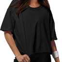 XIEERDUO Cotton Tshirts for Women Drop Shoulder Round Neck Oversized Crop Tops Workout Tops Tees (Medium, A Black)