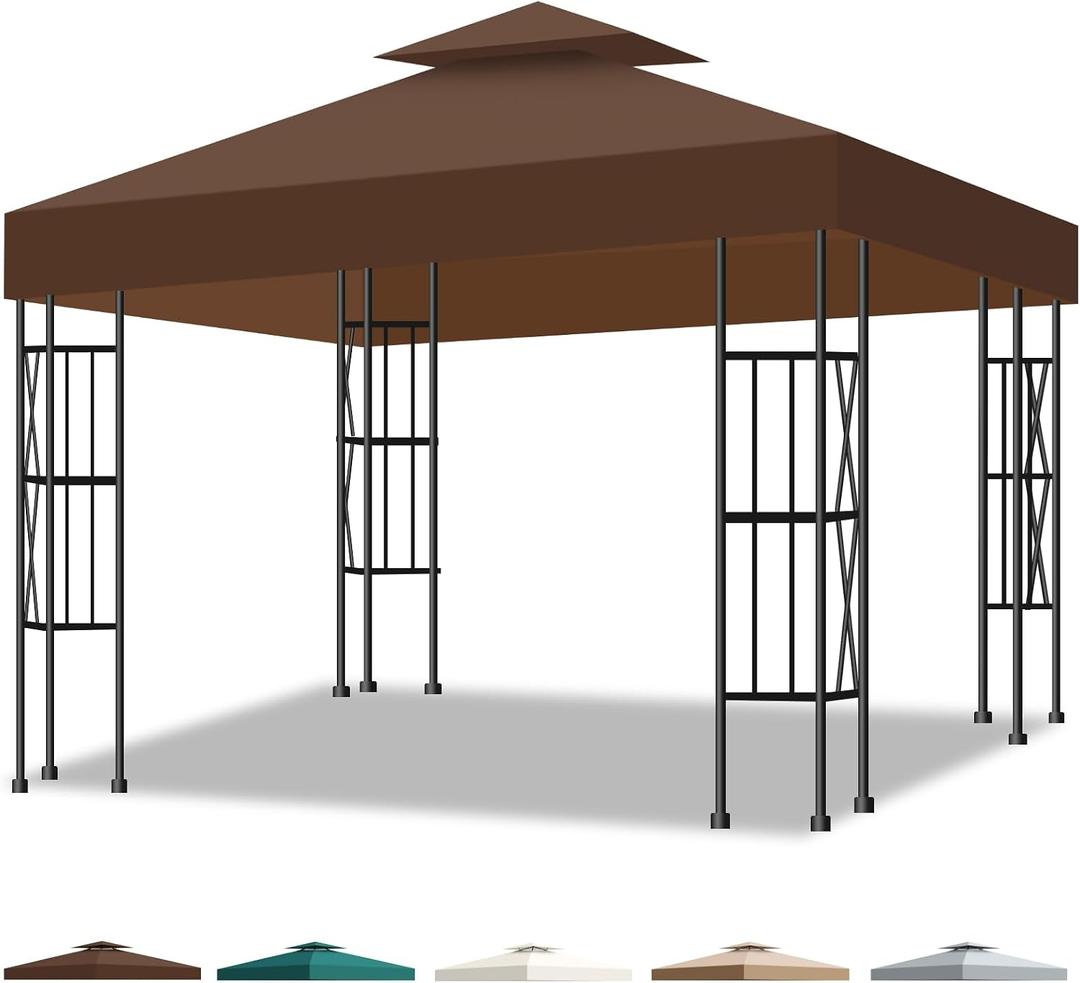 10x10 Canopy Replacement Top Cover Canopy Top Replacement Double Layer Vented Sunshade Cover Fits Standard 10'x10' Outdoor Gazebo Frame for Backyard/Patio/Garden Waterproof UV Resistant (Brown)