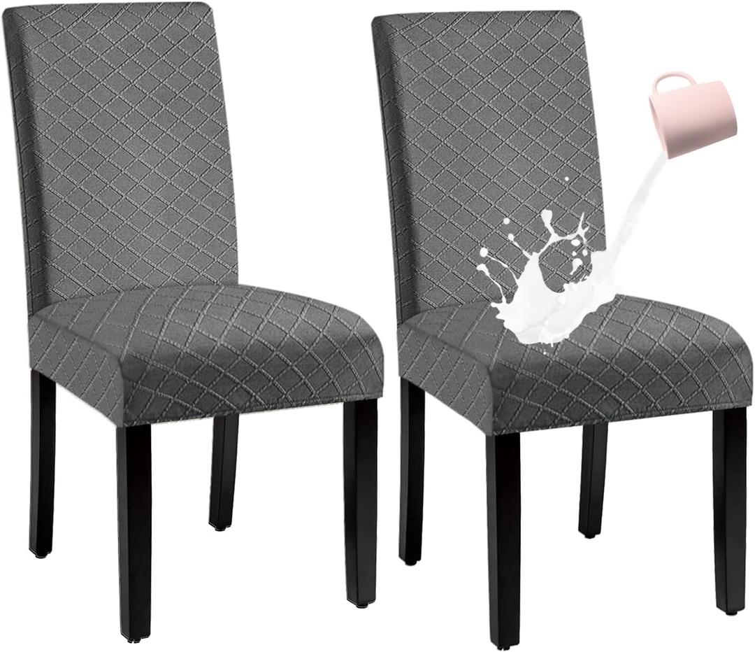 Waterproof Dining Chair Cover,Spandex Fabric Fit Stretch Chair Slipcover,Removable Washable Jacquard Parsons Chair Covers (Light Grey,Set of 2)