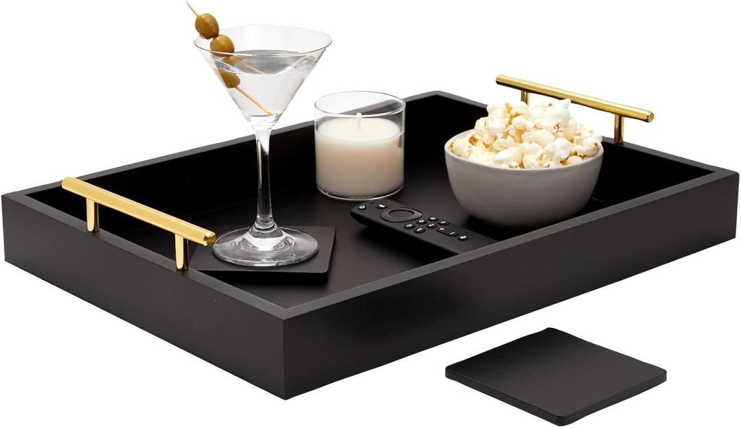Juvale Black Serving Tray for Coffee Table with Coasters, Decorative Interchangeable Gold and Silver Handles (16x12)