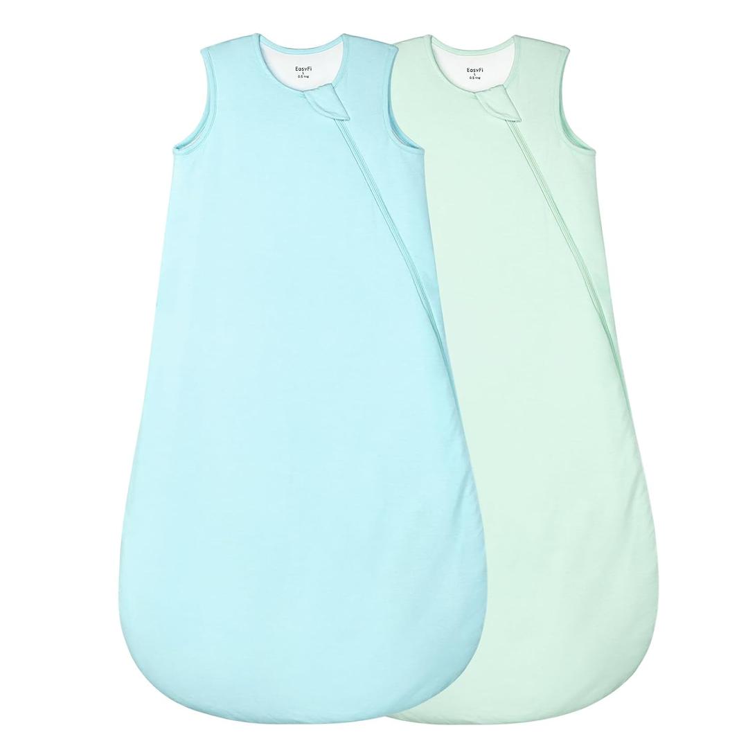 Supersoft Rayon Made from Bamboo Sleep Sack 3-6 Months Newborn Sleep Sack 0-3 Months 1.0 Tog Baby Wearable Blanket with 2-Way Zipper Unisex Sleeping Bag for Babies (2 Pack) Green & Blue