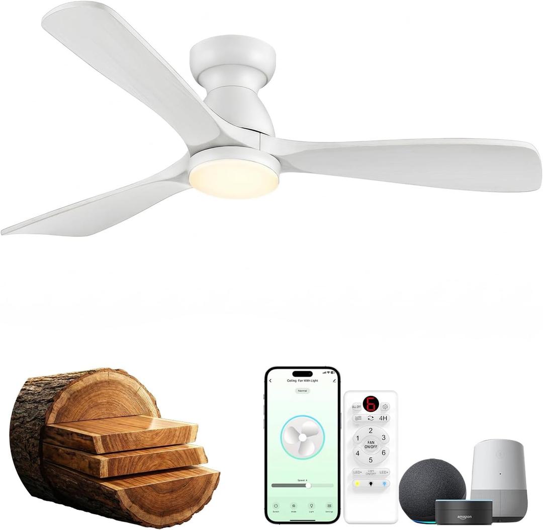 52in Smart Flush Mount Ceiling Fans with Lights,Outdoor Low Profile White Ceiling Fan Quiet DC Motor,Work with Alexa/Gg Voice Control/App/Remote,Dimmable,6-speed,3 Wood blades Fan for Patio,Porch