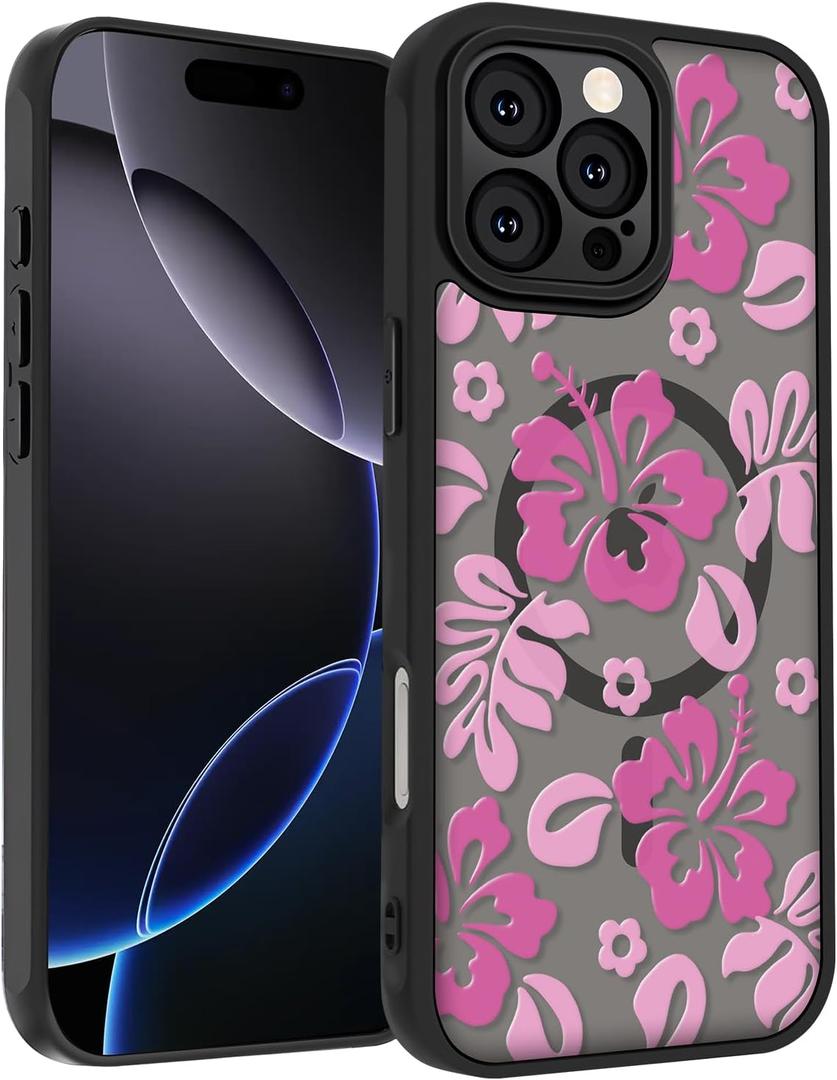 for iPhone 16 Pro Case, Black Floral Flower Pattern Case [Compatible with MagSafe] [Translucent Matte] Cute Slim Shockproof Protective Women Girls Phone Case 6.3", Pink Hibiscus Flower