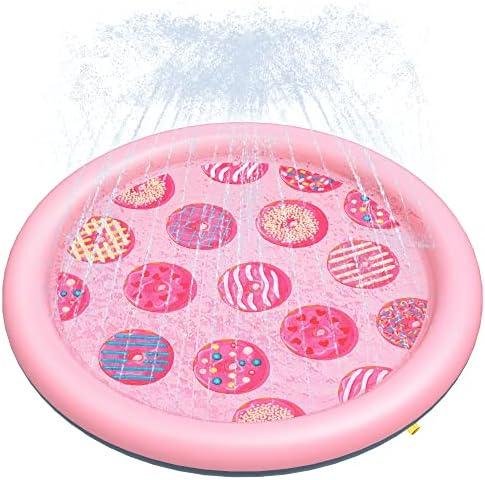 Peteast Anti-Slip Pink Donut Print Splash Pad for Kids and Dogs 0.58 mm Thicken Sprinkler Dog Pool for Summer Outdoor Water Toys - Fun Backyard Play Mat for Children and Pets (Pink 67in)
