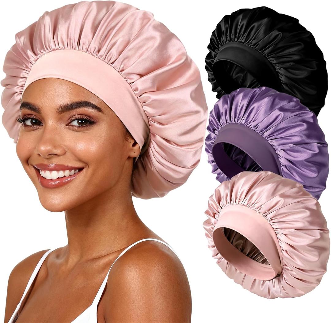 Yanideer 3 Pcs Satin Bonnet for Sleeping Double Layer Hair Bonnets for Women with Elastic Band (One size, blackpinkpurple)