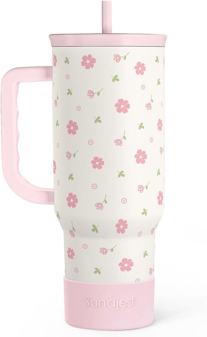 SANDJEST Floral 40oz Tumbler with Handle and Straw  Flowers Insulated Stainless Steel Travel Coffee Mug for Women Girls - Gift Idea for Birthday Christmas Mothers Day