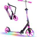 BELEEV V5 Plus Scooters for Kids Ages 6+, Teens with Light-Up Wheels & Deck, 2 Wheel Folding Lightweight Sport Scooter with 4 Adjustable Height, 8-inch Big Wheels, Carry Strap, Max Load 220 Lbs (Galaxy Purple)