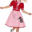50s Outfit for Girls 50s Costume Girls Poodle Skirt Sock Hop Halloween Party Dress Up (Pink, S)