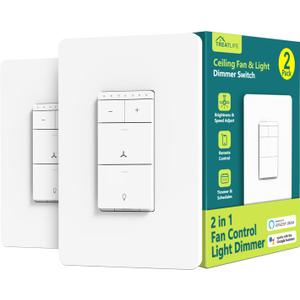 TREATLIFE Smart Ceiling Fan Control and Dimmer Light Switch 2Pack, Neutral Wire Needed, 2.4GHz Single Pole Wi-Fi Fan Light Switch Combo Works with Alexa, Google Home and SmartThings, Remote Control
