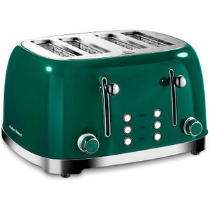 Roter Mond 4 Slice Toaster Retro Stainless Steel with Bagel Defrost Cancel Function, 6 Browning Settings, Extre Wide Slot and Removable Crumb Tray, Green, ST033