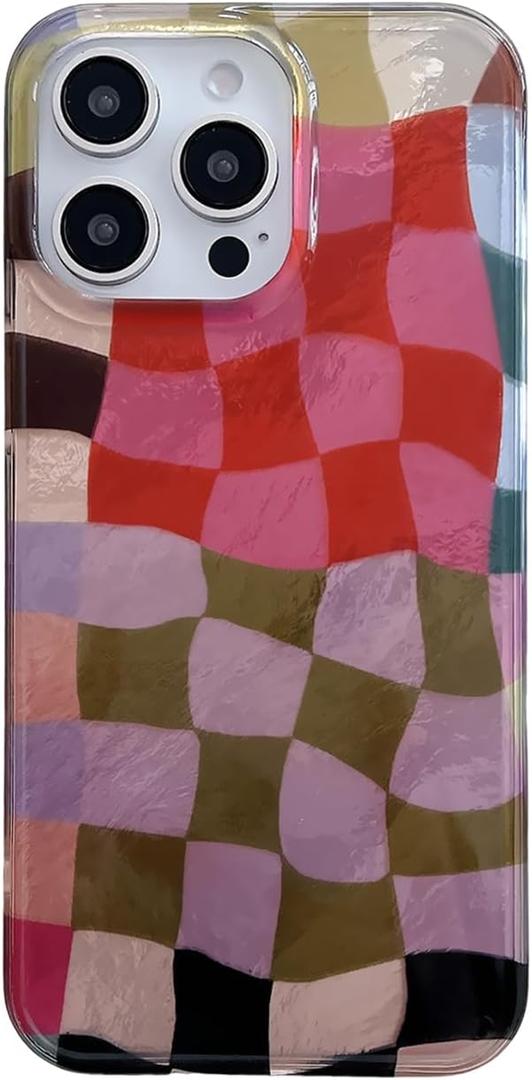 Colorful Checkered Aesthetic Phone Case for iPhone 14 Pro 6.1",Trendy Wavy Checkerboard Retro Gingham Glitter Preppy Design Protective Cover for iPhone 14pro 6.1in