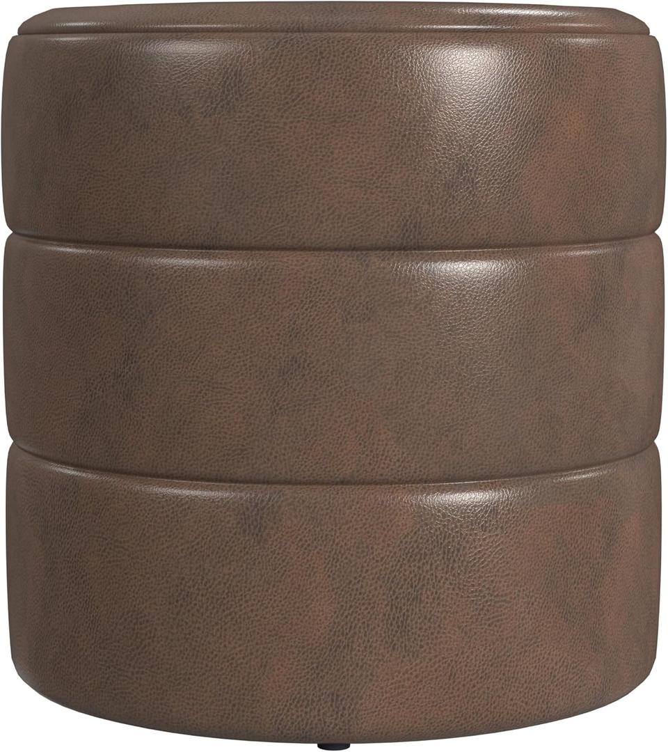 HomePop Upholstered Faux Leather Round Ottoman Home Dcor|Foot Rest Ottoman- Brown Faux Leather
