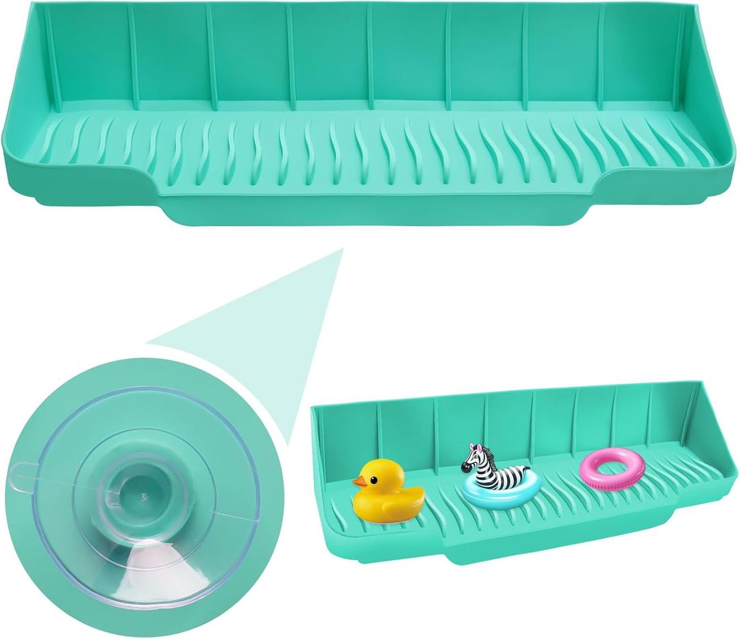 Upgrade Bathtub Splash Guard for Tub 16" x 3.5", Silicone Splash Guard for Bathtub with 6 Suction Blue Cups Toy Tray Caddy Play Shelf, Bathtub Side Splash