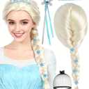 ANOGOL Hair Cap+ 3PCS(1 Crown+1 Wand) Princess Wig Cosplay Blonde Braided Wig Blond Princess Outfit Long Blonde Anime Wigs with Braids for Snow Movie Halloween Christmas Costume Birthday Party
