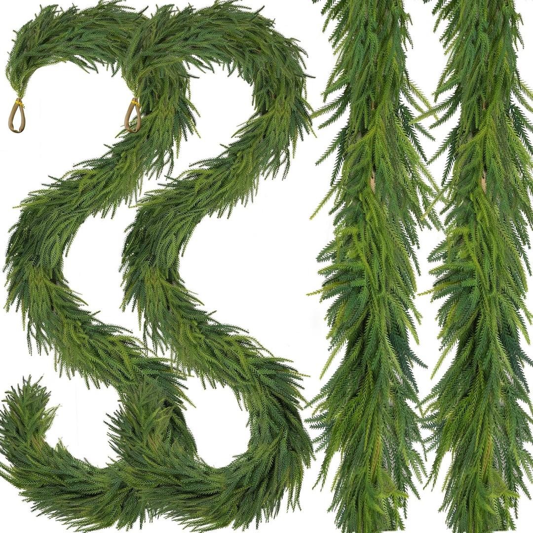 2 Pcs Artificial Norfolk Pine Garlands Christmas, 15 FT Dense Real Touch Winter Pine Garland Ornament, Green Artificial Greenery Garland for Table, Mantle, Wall, Indoor, Outdoor Christmas Decorations