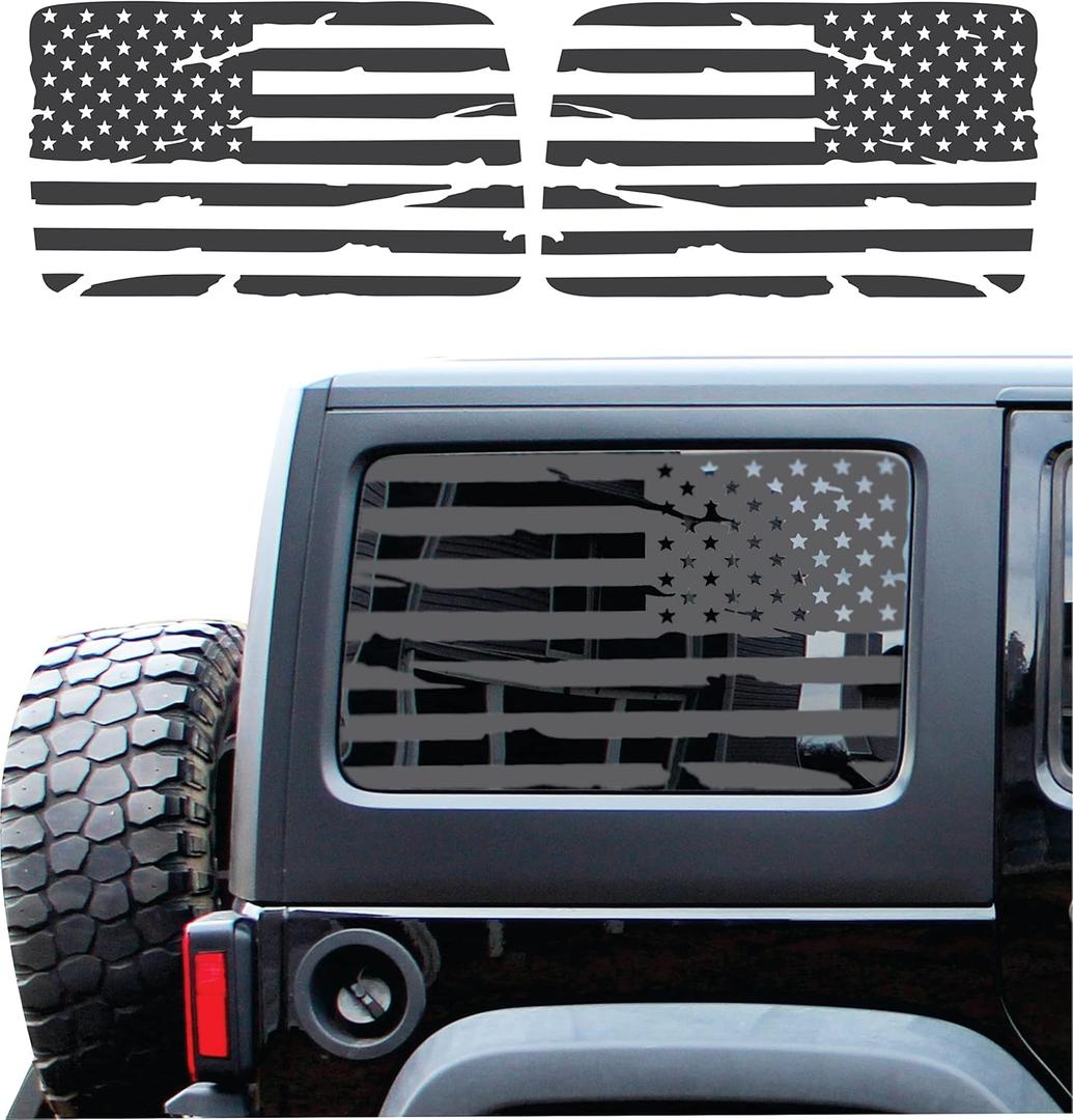 Compatible with Jeep Wrangler JL (4 Door) 2018-2024 | Precut American Flag Window Decals | Both Side | Proudly Made in The US | Matte Black (Distressed)