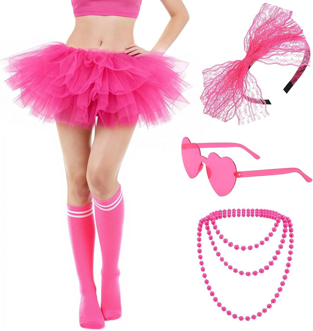 5pcs Tutu Costume Accessories for Women with 5 Layered Tulle Skirt Headband Glasses Socks Necklace for Dance Party (Pink)